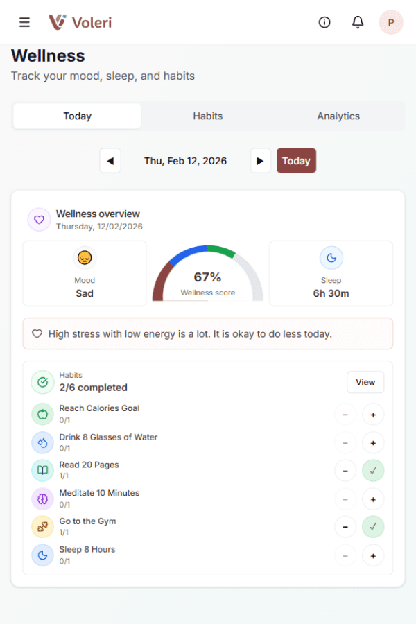 Voleri Wellness module showing mood tracking, wellness score, sleep data, and daily habit checklist